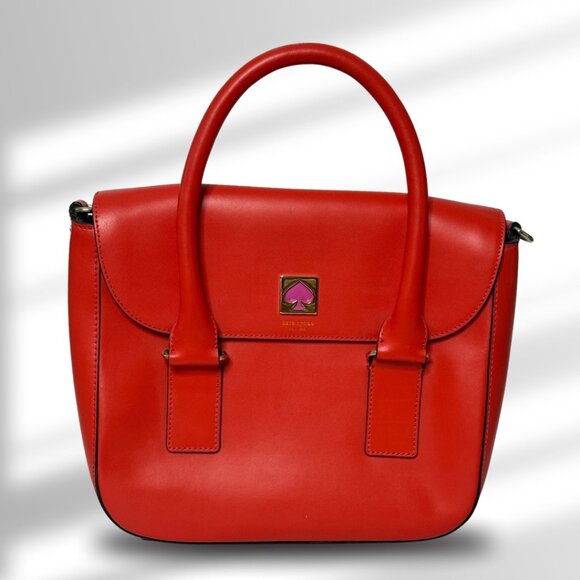 🧡 Kate Spade Deep Coral, Red-Orange Leather Shoulder Bag Handbag Pink/Gold Logo - Picture 1 of 4